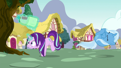 Size: 1280x720 | Tagged: safe, screencap, starlight glimmer, trixie, all bottled up, g4, bag, ball, bottle, curled up, magic, majestic as fuck, morph ball, rolling, spin dash, telekinesis, tripping, trixieball