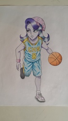 Size: 2322x4128 | Tagged: safe, artist:mrbojorquez7, starlight glimmer, human, equestria girls, g4, basketball, beanie, clothes, female, hat, shoes, sneakers, solo, sports, traditional art, uniform