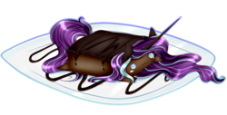 Size: 1111x563 | Tagged: safe, artist:absolitedisaster08, oc, oc only, oc:magical brownie, pony, brownie, chubbie, dish, food, food transformation, horn, literal, simple background, solo, transparent background