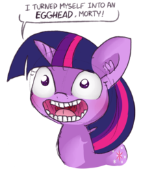 Size: 3432x4160 | Tagged: safe, artist:dsp2003, artist:tjpones edits, edit, twilight sparkle, pony, unicorn, comic:the many faces of twilight sparkle, g4, bust, comic, creepy, creepy smile, dialogue, ear fluff, female, mare, meme, open mouth, rick and morty, rick sanchez, simple background, single panel, smiling, special eyes, transparent background, twirick, wat
