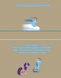 Size: 504x643 | Tagged: safe, artist:verve, rainbow dash, twilight sparkle, alicorn, genie, pegasus, pony, ask genie twilight, g4, grannies gone wild, comic, female, mare, motion blur, pixel art, roller coaster, twilight sparkle (alicorn), vr headset, wild blue yonder