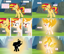 Size: 2564x2168 | Tagged: safe, artist:hakunohamikage, sunset shimmer, pony, unicorn, ask-princesssparkle, g4, ask, female, fiery shimmer, fire, high res, magic, mane of fire, rapidash shimmer, solo, tumblr