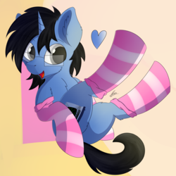 Size: 2500x2500 | Tagged: safe, artist:lunar froxy, oc, oc only, oc:tinker doo, pony, unicorn, abstract background, clothes, glasses, heart, high res, male, smiling, socks, solo, stallion, striped socks