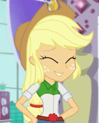 Size: 579x720 | Tagged: safe, screencap, applejack, equestria girls, equestria girls specials, g4, my little pony equestria girls: dance magic, animated, button-up shirt, clothes, cowboy hat, cropped, cute, denim, denim skirt, female, grin, hand on hip, hat, jackabetes, laughing, shirt, skirt, smiling, teenager