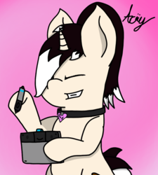 Size: 829x923 | Tagged: safe, artist:acrylicbristle, oc, oc only, oc:acrylic bristle, pony, abstract background, bangs, collar, drawing tablet, femboy, girly, happy, male, pen, ponytail, signature, smiling, solo, stallion, wacom