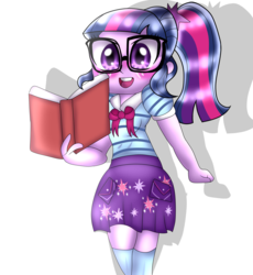 Size: 1541x1672 | Tagged: safe, artist:doraeartdreams-aspy, sci-twi, twilight sparkle, equestria girls, equestria girls series, g4, book, bowtie, clothes, cute, female, glasses, long socks, looking at you, miniskirt, moe, open mouth, ponytail, skirt, socks, solo, thigh highs, thigh socks, twiabetes