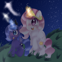 Size: 2048x2048 | Tagged: safe, artist:doraeartdreams-aspy, princess celestia, princess luna, g4, crown, female, filly, glowing horn, grass, high res, hill, horn, jewelry, magic, regalia, younger