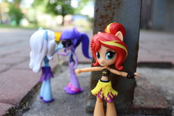 Size: 6000x4000 | Tagged: safe, artist:artofmagicpoland, sunset shimmer, trixie, twilight sparkle, equestria girls, equestria girls series, g4, caught, clothes, doll, equestria girls minis, eqventures of the minis, female, implied infidelity, implied lesbian, implied scitwishimmer, implied shipping, lesbian, ship:twixie, shipping, swimsuit, toy