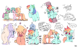 Size: 2025x1217 | Tagged: safe, artist:dusty-munji, applejack, rainbow dash, earth pony, pegasus, pony, unicorn, g4, crying, female, lesbian, mare, missing accessory, missing cutie mark, pouting, ship:appledash, shipping, simple background, speech bubble, tsunderainbow, tsundere, white background