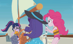 Size: 601x360 | Tagged: safe, edit, edited screencap, screencap, pinkie pie, rarity, sci-twi, twilight sparkle, equestria girls, g4, my little pony equestria girls: better together, the salty sails, animated, clothes, female, glasses, hat, lifejacket, map, ocean, rope, sailing, ship, sun hat, swimsuit, wind