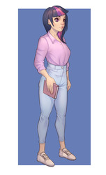 Size: 1685x2773 | Tagged: safe, artist:monnian, twilight sparkle, human, g4, book, clothes, female, human female, humanized, pants, shirt, shoes, sneakers, solo