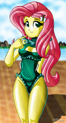 Size: 800x1492 | Tagged: safe, artist:xjkenny, fluttershy, equestria girls, g4, beach, breasts, busty fluttershy, clothes, female, one-piece swimsuit, solo, swimsuit