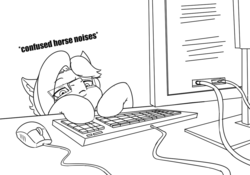 Size: 1158x812 | Tagged: safe, artist:appelknekten, oc, oc only, oc:appel, earth pony, pony, black and white, computer, computer mouse, confused, descriptive noise, glasses, grayscale, horse noises, keyboard, male, monitor, monochrome, onomatopoeia, reaction image, solo, stallion