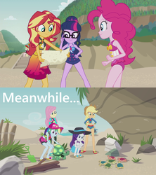 Size: 1280x1440 | Tagged: safe, edit, screencap, applejack, fluttershy, pinkie pie, rainbow dash, rarity, sci-twi, sunset shimmer, tank, twilight sparkle, valhallen, watermelody, aww... baby turtles, equestria girls, equestria girls series, g4, x marks the spot, baby turtle, beach, belly button, bikini, clothes, hat, humane five, humane seven, humane six, meanwhile, midriff, rash guard, sarong, summer sunset, swimming trunks, swimsuit, treasure map