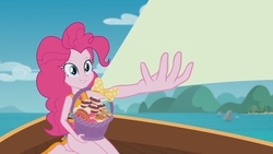 Size: 1632x918 | Tagged: safe, edit, edited screencap, screencap, pinkie pie, equestria girls, equestria girls series, g4, the salty sails, clothes, cupcake, female, food, ocean, pinkie's basket treasure, sailing, ship, solo, swimsuit, template