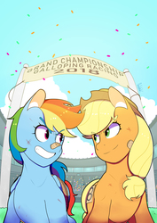 Size: 2480x3507 | Tagged: safe, artist:0ndshok, applejack, rainbow dash, earth pony, pegasus, pony, g4, bandage, bound wings, female, high res, looking at each other, mare, rope, sky, smiling