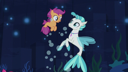 Size: 1280x720 | Tagged: safe, screencap, scootaloo, terramar, seapony (g4), g4, surf and/or turf, bubble, duo, seaponified, seapony scootaloo, species swap, underwater