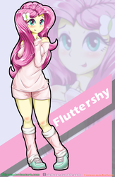 Size: 1000x1536 | Tagged: safe, artist:iloota, fluttershy, equestria girls, g4, clothes, cute, female, flutteryshy, leg warmers, looking at you, off shoulder, off shoulder sweater, shoes, shyabetes, smiling, sneakers, solo, sweater, sweatershy, zoom layer