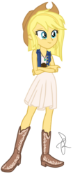 Size: 269x571 | Tagged: safe, artist:ilaria122, part of a set, oc, oc only, oc:applemel, equestria girls, g4, applejack's hat, belt, boots, clothes, cowboy boots, cowboy hat, denim jacket, dress, equestria girls-ified, female, hat, jewelry, necklace, next generation, offspring, parent:applejack, parent:caramel, parents:carajack, simple background, sleeveless dress, smiling, solo, transparent background