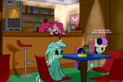 Size: 4000x2676 | Tagged: safe, artist:desmondferrcon, bon bon, lyra heartstrings, pinkie pie, sweetie drops, earth pony, pony, unicorn, g4, background pony, bon bon is not amused, bottle, chair, crying, crying lyra, female, glowing horn, hand, horn, house, magic, magic aura, magic hands, mare, model, pinkie being pinkie, restaurant, table, tongue out, unamused