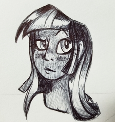 Size: 3024x3214 | Tagged: safe, artist:smirk, twilight sparkle, human, g4, blushing, bust, female, high res, humanized, monochrome, solo, traditional art