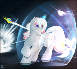 Size: 3127x2785 | Tagged: safe, artist:flareheartmz, oc, oc only, oc:anonesna, pony, unicorn, blocking, explosion, fight, high res, magic, male, running, scar, shield, solo, staff, stallion