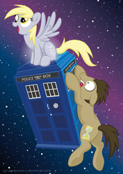 Size: 1024x1448 | Tagged: safe, artist:littlehybridshila, derpy hooves, doctor whooves, time turner, earth pony, pegasus, pony, g4, doctor who, happy, holding on, scared, sitting, tardis, the doctor