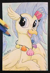 Size: 600x869 | Tagged: safe, artist:littlehybridshila, princess skystar, classical hippogriff, hippogriff, g4, my little pony: the movie, colored pencil drawing, cute, female, flower, shell, solo, traditional art