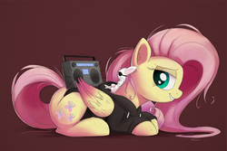 Size: 1950x1300 | Tagged: safe, artist:bugplayer, angel bunny, fluttershy, pegasus, pony, g4, clothes, colored wings, colored wingtips, digital art, duo, female, hoodie, looking back, male, mare, prone, smiling, stereo, sunglasses, swag