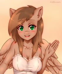 Size: 2879x3407 | Tagged: safe, artist:kindpineapple, oc, oc only, pegasus, anthro, anthro oc, blushing, breasts, brown hair, bust, clothes, female, front view, green eyes, hello, high res, mare, open mouth, simple background, smiling, solo, thin, waving, wings, ych result