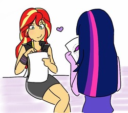 Size: 768x682 | Tagged: safe, artist:horsegirlpodcast, sunset shimmer, twilight sparkle, equestria girls, g4, drawing, female, heart, lesbian, reference, ship:sunsetsparkle, shipping