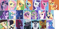 Size: 2048x1033 | Tagged: safe, artist:limedazzle, editor:php77, applejack, capper dapperpaws, captain celaeno, fluttershy, grubber, pinkie pie, princess cadance, princess celestia, princess luna, princess skystar, queen novo, rainbow dash, rarity, songbird serenade, spike, starlight glimmer, storm king, sunset shimmer, tempest shadow, twilight sparkle, abyssinian, alicorn, classical hippogriff, earth pony, hippogriff, pegasus, pony, seapony (g4), unicorn, anthro, g4, my little pony: the movie, anthro with ponies, beauty mark, bow, broken horn, cape, clothes, cowboy hat, ear piercing, earring, female, hair bow, hat, horn, jewelry, looking at you, male, mane seven, mane six, mare, movie accurate, piercing, pirate hat, pretty pretty tempest, regalia, show accurate, twilight sparkle (alicorn), wall of tags
