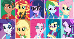 Size: 1030x548 | Tagged: safe, edit, editor:php77, applejack, fluttershy, juniper montage, pinkie pie, rainbow dash, rarity, sci-twi, starlight glimmer, sunset shimmer, timber spruce, twilight sparkle, equestria girls, equestria girls specials, g4, my little pony equestria girls: better together, my little pony equestria girls: legend of everfree, my little pony equestria girls: mirror magic, alternate universe, geode of empathy, geode of fauna, geode of shielding, geode of super speed, geode of super strength, geode of telekinesis, humane five, humane seven, humane six, looking at you, magical geodes