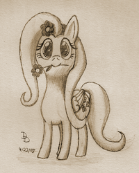 Size: 1600x2000 | Tagged: safe, artist:darkdabula, fluttershy, pegasus, pony, g4, female, flower, flower in hair, flower in mouth, folded wings, looking at you, mare, mouth hold, smiling, solo, standing, traditional art, wings
