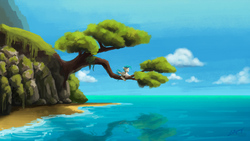 Size: 1600x900 | Tagged: safe, artist:lollipony, terramar, classical hippogriff, hippogriff, surf and/or turf, beautiful, cloud, eyes closed, male, mount aris, ocean, quadrupedal, sad, scene interpretation, scenery, sitting in a tree, sky, solo, tree, water
