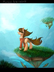 Size: 1552x2048 | Tagged: safe, artist:nightskrill, oc, oc only, earth pony, pony, butt, clothes, eyes closed, female, floating island, grin, mare, plot, smiling, solo, windswept mane