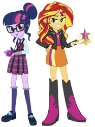 Size: 1054x1409 | Tagged: safe, editor:php77, sci-twi, sunset shimmer, twilight sparkle, equestria girls, g4, my little pony equestria girls, my little pony equestria girls: friendship games, alternate scenario, big crown thingy, clothes, element of magic, evil grin, female, grin, jewelry, magic capture device, regalia, school uniform, simple background, smiling, transparent background