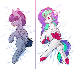 Size: 1250x1166 | Tagged: safe, artist:cloud-fly, oc, oc only, oc:flower lullaby, oc:thunderblood monarch, pegasus, pony, body pillow, body pillow design, butt, female, male, mare, plot, prone, stallion, two toned wings, waifu pillow