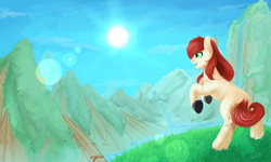 Size: 5000x3000 | Tagged: safe, artist:nightskrill, oc, oc only, earth pony, pony, female, lens flare, mare, mountain, open mouth, rearing, river, solo, sun