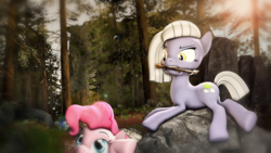 Size: 1920x1080 | Tagged: safe, artist:star-lightstarbright, limestone pie, pinkie pie, earth pony, pony, g4, 3d, angry, forest, mouth hold, pickaxe, prone, rock