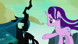 Size: 1920x1080 | Tagged: safe, edit, edited screencap, screencap, queen chrysalis, starlight glimmer, twilight sparkle, alicorn, changeling, changeling queen, pony, unicorn, g4, season 6, to where and back again, alternate ending, animated, bad end, beam, bittersweet, comforting, dark comedy, death, disintegration, female, former queen chrysalis, frown, good end, grimderp, hug, magic blast, mare, morally ambiguous end, murder, regicide, sad, smiling, sound, support, twilight sparkle (alicorn), unsure, webm