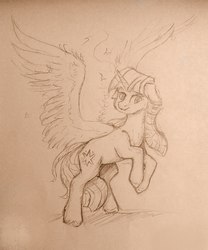 Size: 1273x1533 | Tagged: safe, artist:nightskrill, twilight sparkle, alicorn, pony, g4, artificial wings, augmented, female, floppy ears, magic, magic wings, mare, monochrome, rearing, sketch, smiling, solo, spread wings, traditional art, twilight sparkle (alicorn), wings