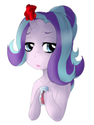 Size: 1536x2048 | Tagged: safe, artist:kateredfox, starlight glimmer, pony, unicorn, all bottled up, g4, anger magic, bottle, female, hoof hold, lidded eyes, magic, mare, simple background, solo, tired, transparent background