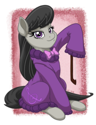 Size: 2550x3300 | Tagged: safe, artist:latecustomer, octavia melody, earth pony, pony, g4, bow (instrument), clothes, female, high res, looking at you, mare, oversized clothes, smiling, solo, sweater