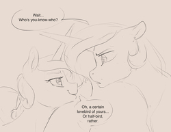 Size: 3300x2550 | Tagged: safe, artist:silfoe, princess cadance, princess celestia, alicorn, pony, nomad au, g4, black and white, bust, dialogue, duo, female, grayscale, high res, looking at each other, mare, monochrome, royal multiverse, simple background, sketch, smiling, speech bubble, tan background
