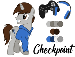 Size: 1991x1500 | Tagged: safe, artist:mythchaser1, oc, oc only, oc:checkpoint, pony, unicorn, clothes, controller, cutie mark, headset, hoodie, male, raised leg, reference sheet, solo, stallion