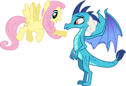 Size: 4134x2846 | Tagged: safe, artist:ninjashadow-x, fluttershy, princess ember, dragon, pegasus, pony, g4, dragoness, duo, female, flying, high res, mare, simple background, transparent background, vector