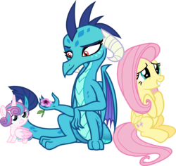 Size: 5015x4742 | Tagged: safe, artist:cheezedoodle96, artist:ninjashadow-x, artist:porygon2z, artist:sollace, edit, fluttershy, princess ember, princess flurry heart, alicorn, dragon, pegasus, pony, g4, absurd resolution, dragoness, female, filly, flower, mare, show accurate, simple background, sitting, sitting up, transparent background, trio, vector