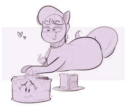 Size: 1209x1034 | Tagged: safe, artist:secretgoombaman12345, diamond tiara, silver spoon, earth pony, pony, g4, cake, cellular peptide cake (with mint frosting), food, food transformation, implied vore, inanimate tf, monochrome, transformation