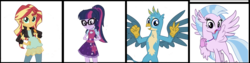 Size: 1725x436 | Tagged: safe, editor:php77, gallus, sci-twi, silverstream, sunset shimmer, twilight sparkle, classical hippogriff, griffon, hippogriff, equestria girls, g4, female, lesbian, ship:gallstream, ship:sci-twishimmer, ship:sunsetsparkle, shipping, simple background, transparent background